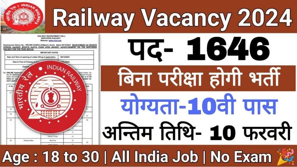 Railway Recruitment 2024 : रेलवे भर्ती का 10वी पास के लिए बिना परीक्षा 1646 पदों पर नोटिफिकेशन जारी