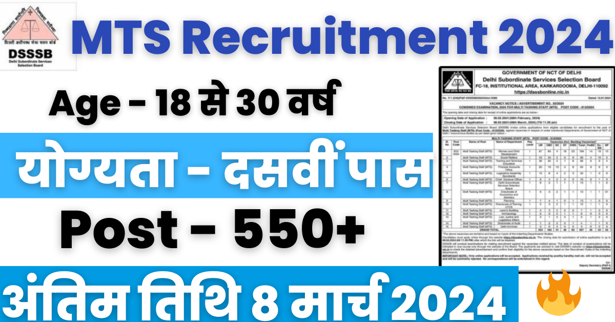 MTS(Multi Tasking Staff) Recruitment 2024 : 10वीं पास के लिए एमटीएस के 567 पदों पर सरकारी भर्ती नोटिफिकेशन जारी