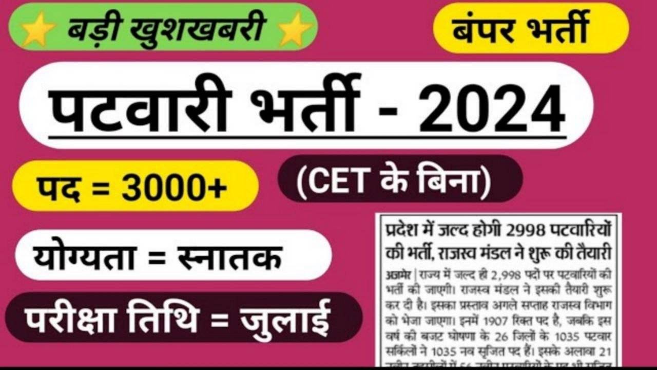 Patwari Recruitment Notification 2024 : पटवारी भर्ती के 2998 पदों के लिए नोटिफिकेशन जारी, जानिए संपूर्ण जानकारी