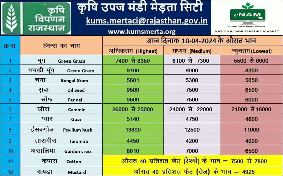 10 April Rajasthan Haryana Mandi Bhav : 10 अप्रैल राजस्थान हरियाणा मंडी भाव